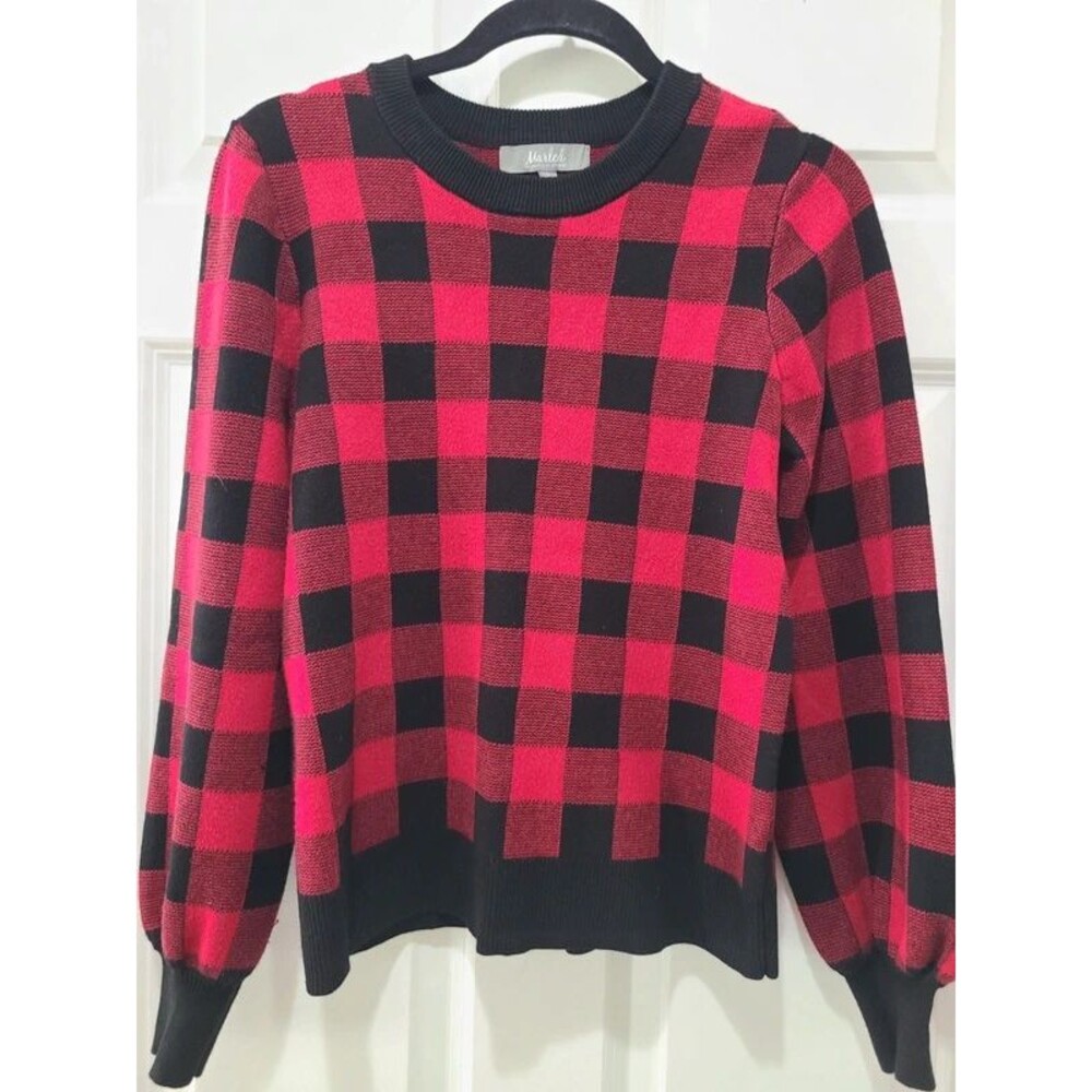 Marled Red Black Buffalo Plaid Pullover Sweater S